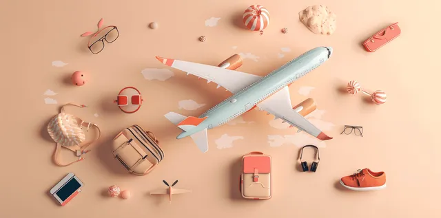 Cartoon 3D airplane with travel accessories floating on light peach vacation background