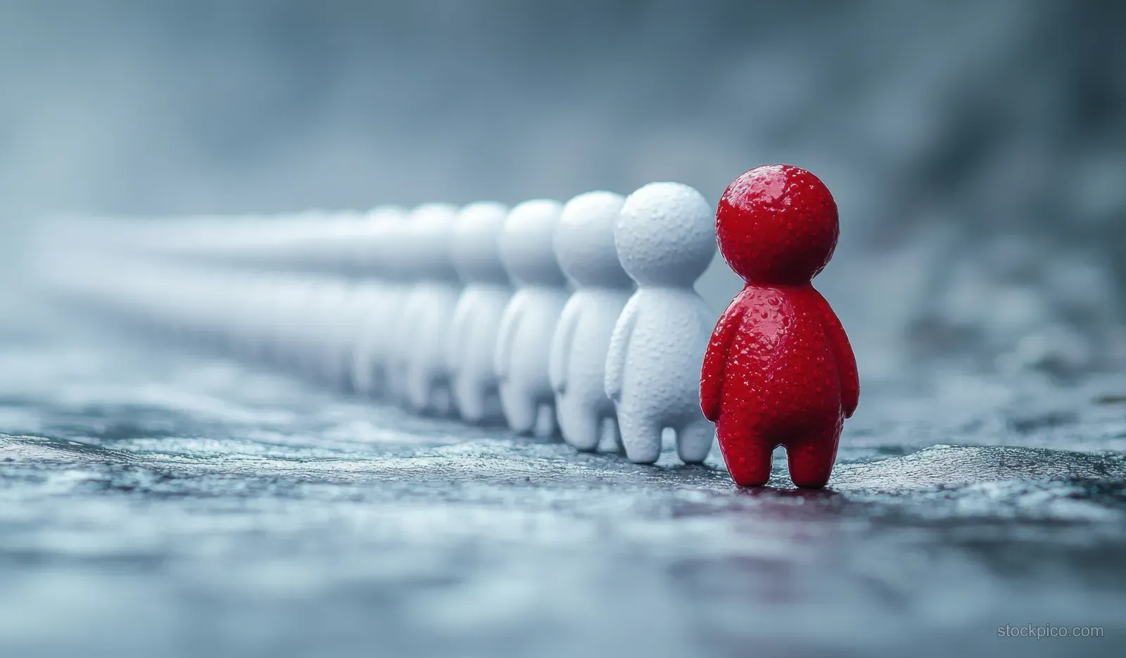 A red figure stands apart from a receding line of white figures on a textured surface.