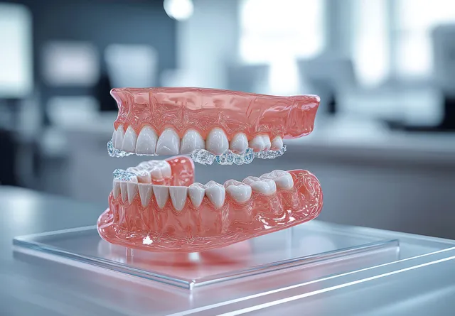 Transparent dental aligners and a detailed teeth model sit on a glass tray inside a softly lit clinic.