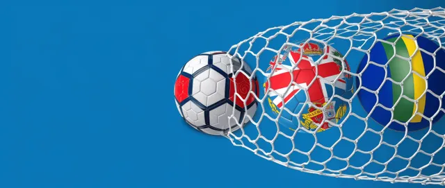 European soccer ball inside a goal net with colorful flags against a blue background.