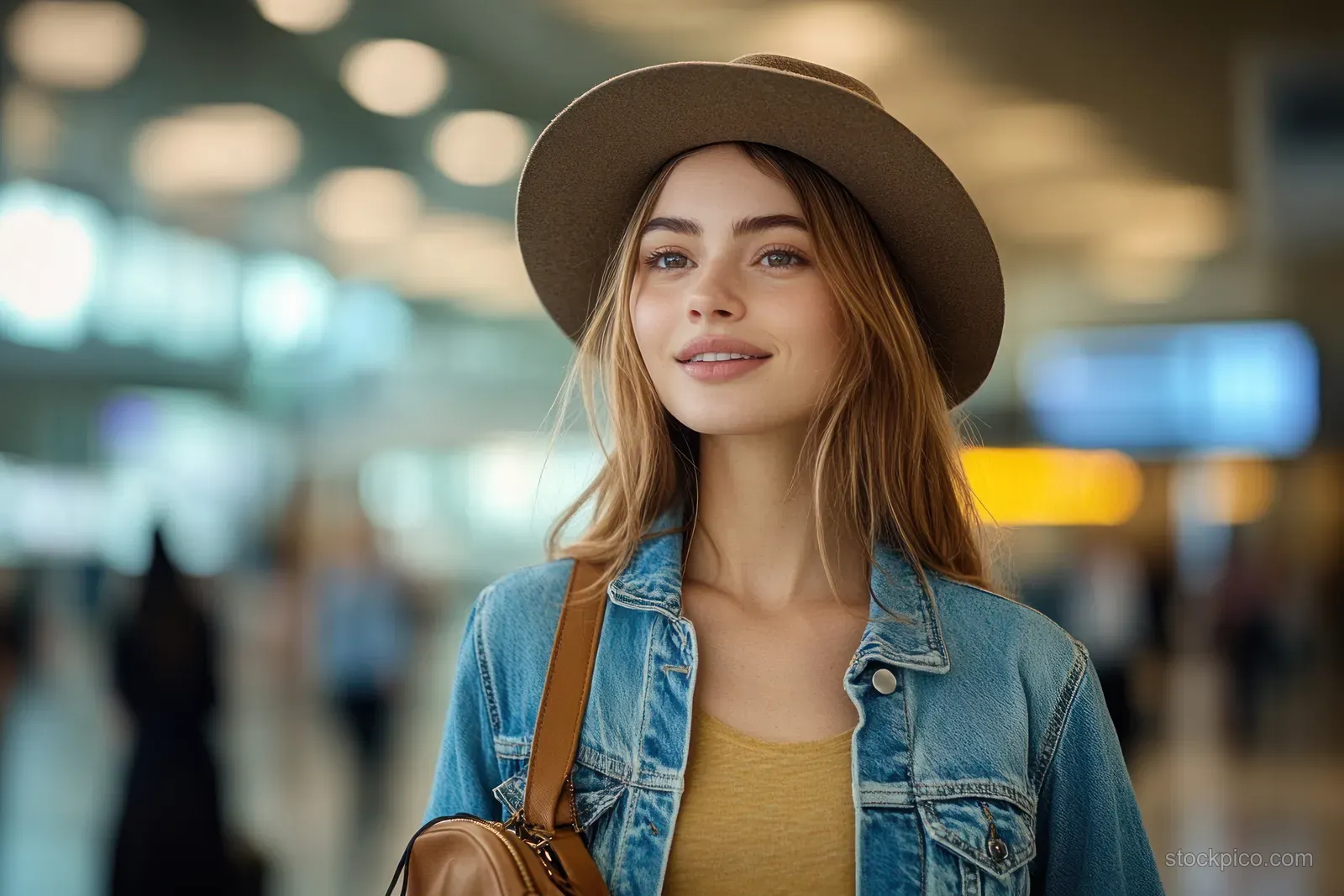 Young woman in a hat and denim jacket stands in an airport terminal holding a smartphone.