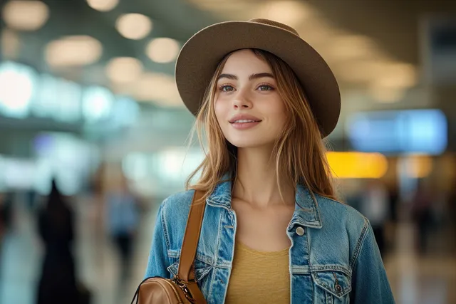 Young woman in denim jacket at airport terminal with smartphone