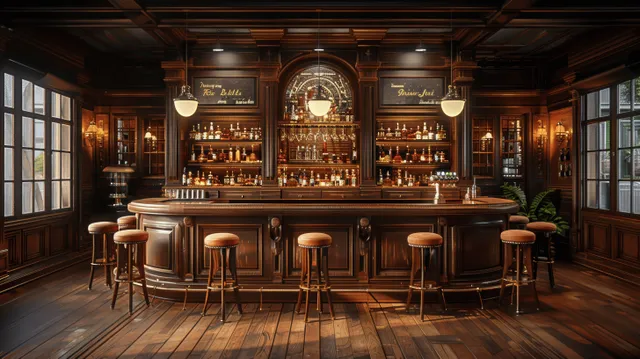 Vintage pub interior with a wooden bar, glowing bottles, lamps, and leather stools arranged along the counter.