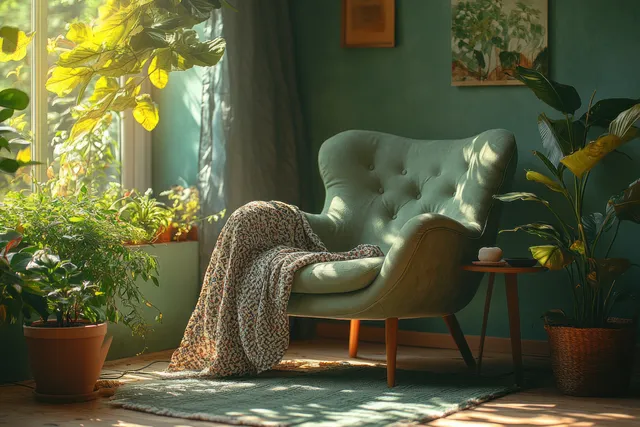 Green armchair with patterned throw sits in a sunlit living room with potted plants and warm lamp light.