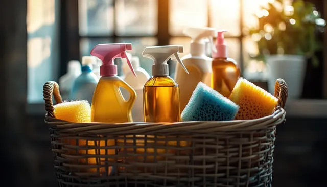 Woven basket filled with spray bottles and colorful sponges illuminated by warm sunlight indoors.