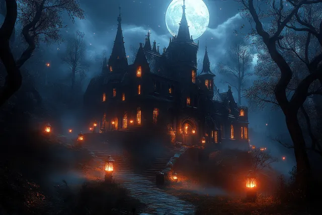 A haunted gothic mansion glows under a full moon with fog, lanterns, and twisted trees.