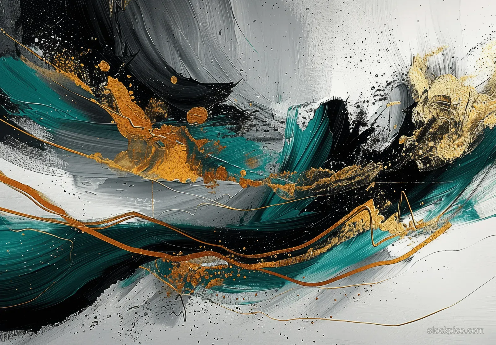 Abstract canvas painting featuring teal and black swirls, gold foil specks, and gray splatter over a white background.