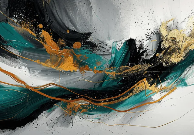 Abstract canvas painting featuring teal and black swirls, gold foil specks, and gray splatter over a white background.