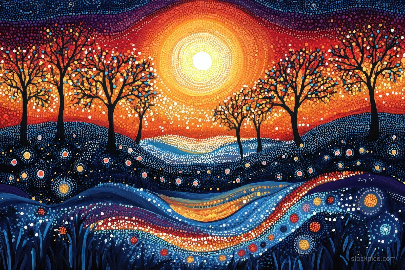 Dot-painted sunset river landscape with silhouetted trees, patterned water ripples, and glowing sun in a starry sky.