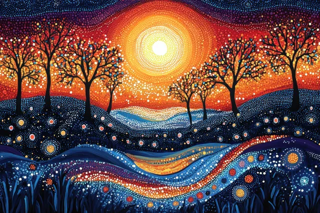 Dot-painted sunset river landscape with silhouetted trees, patterned water ripples, and glowing sun in a starry sky.