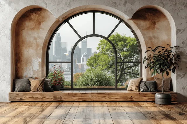 Cozy window nook with arched glass view, city skyline, and indoor plants