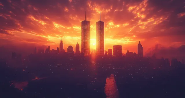 Sunset skyline of New York City with silhouetted Twin Towers and a patriotic flag-like glow above reflective water.