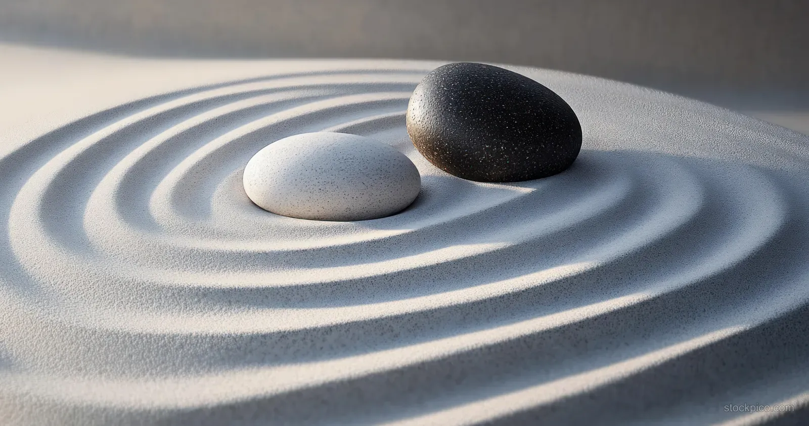 A serene zen garden features smooth stones arranged over flowing sand, evoking tranquility and mindfulness.