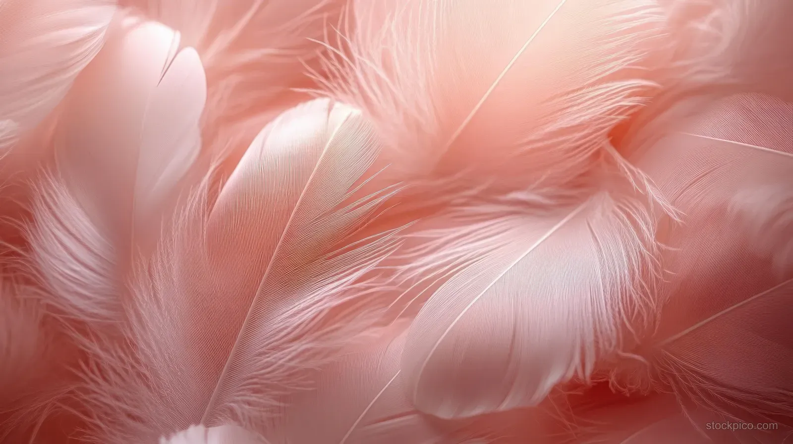 Soft fluffy white feathers layered on a pastel pink gradient background.