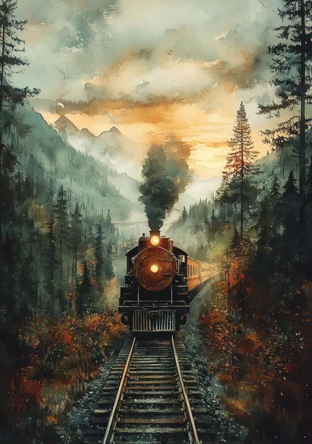 Watercolor steam train rolling along railroad tracks through misty pine forest toward mountain silhouettes.