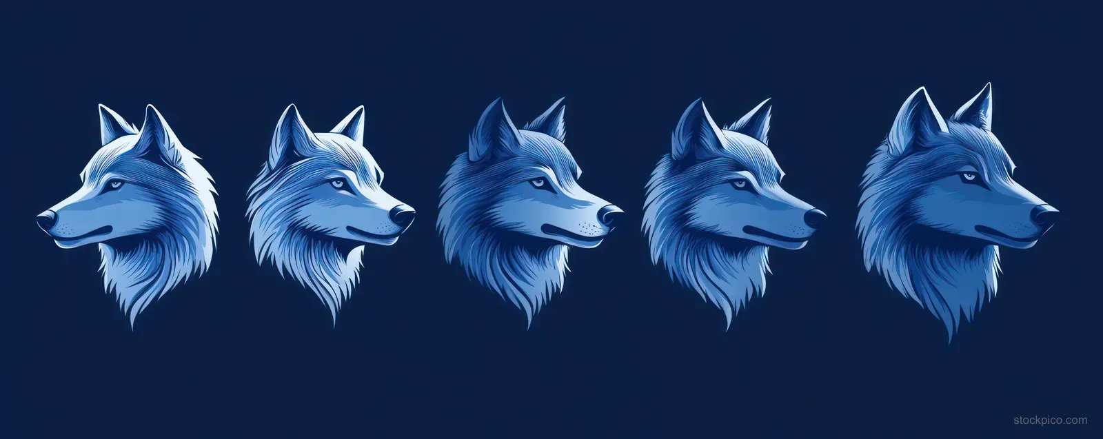 Five blue illustrated wolf heads in right-facing profile on a dark blue background with different facial expressions.