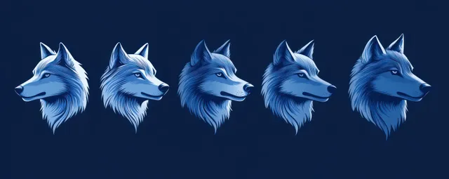 Five blue illustrated wolf heads in right-facing profile on a dark blue background with different facial expressions.