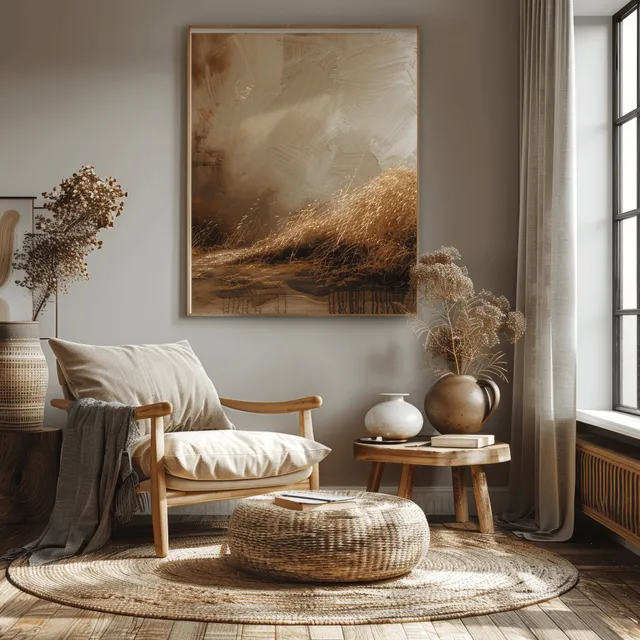 Beige armchair beside wooden side table with vase in modern boho living room