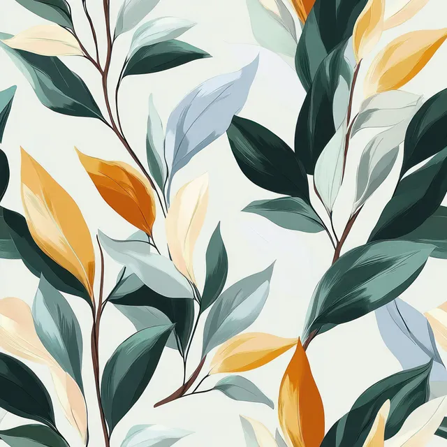 Seamless botanical watercolor pattern of leafy stems with soft orange flower buds