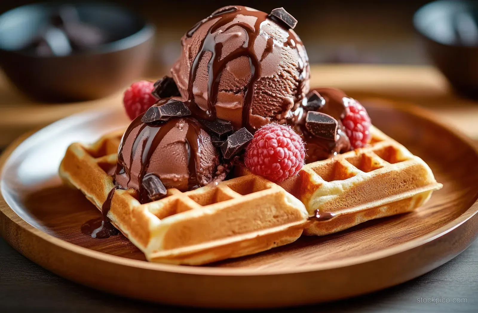 Chocolate ice cream sits on crispy waffles with dark chocolate drizzle, chocolate chunks, and raspberries.