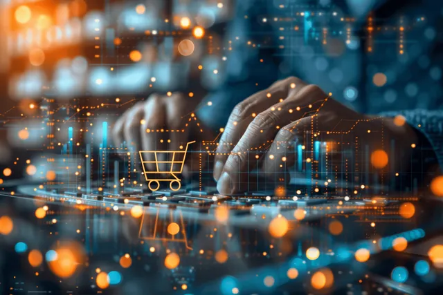 Hands typing on a keyboard with a glowing shopping cart icon and digital market chart overlay.