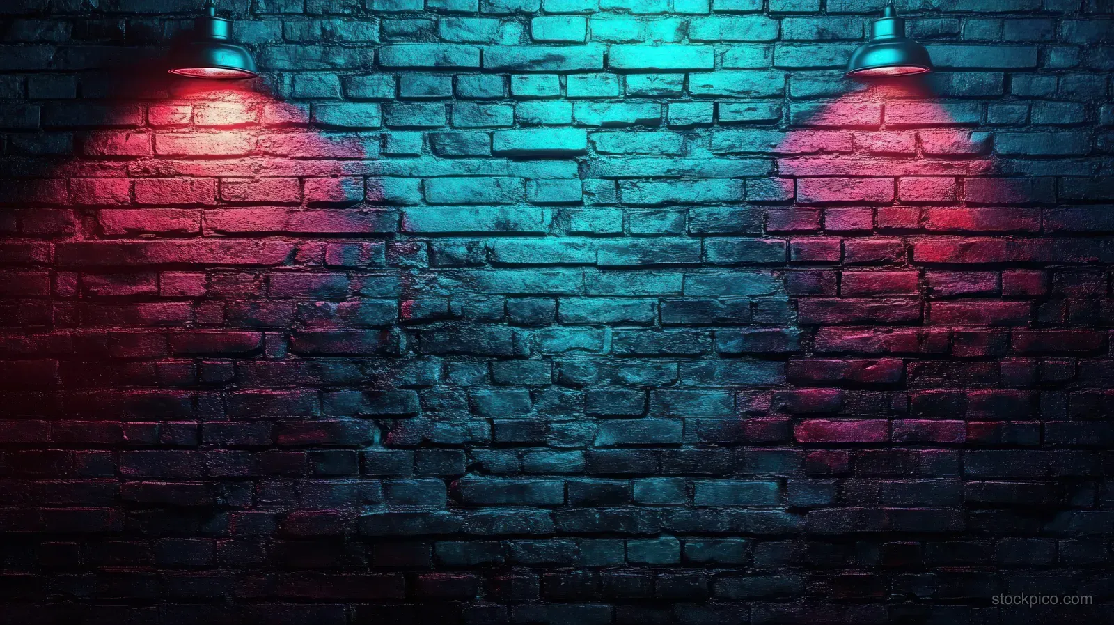 Dark exposed brick wall lit by red and blue spotlights, showing rough texture and glowing shadows.