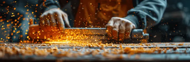 Gloved hands use a power tool on a wood plank with bright sparks flying in a workshop.