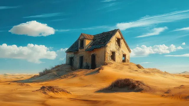 Uma casa está sobre areia movediça sob céu claro com nuvens de tempestade escuras no horizonte.