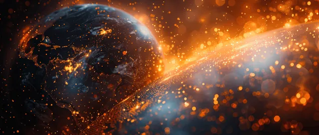Earth from space glows blue as orange light trails and sparkling particles swirl around it.