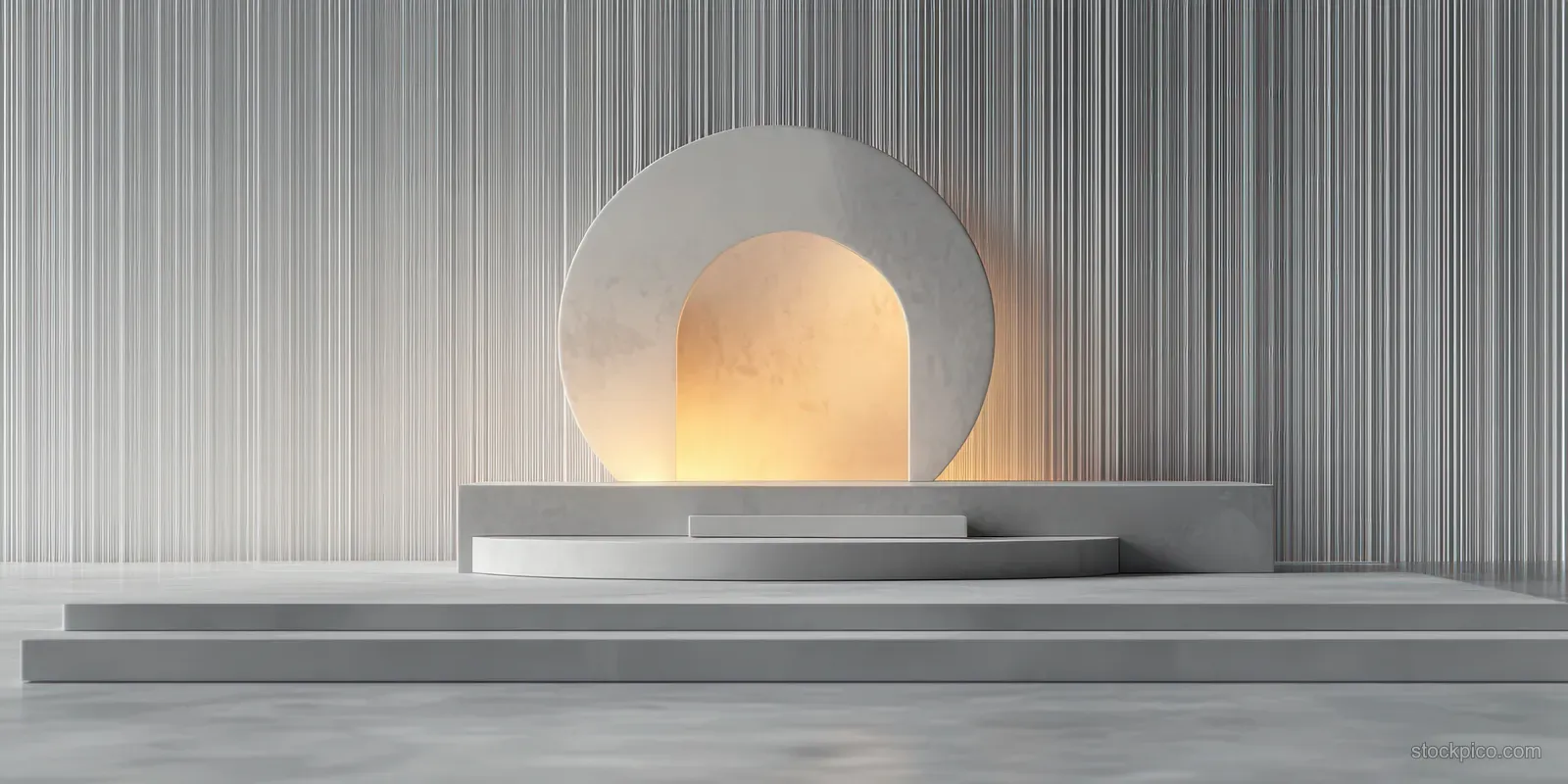 White podium platform with soft circular ring light against a vertical striped wall background.