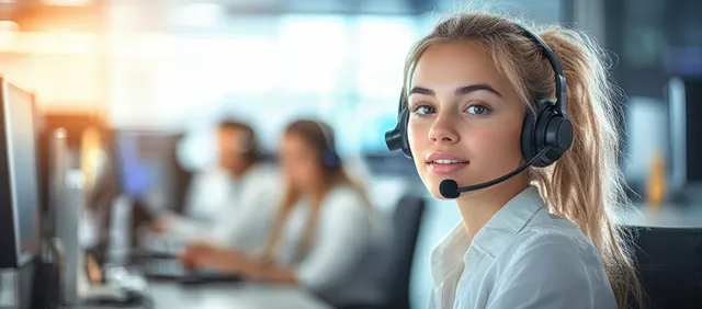 Woman wearing a headset speaks into a microphone at a desk while coworkers work behind her.