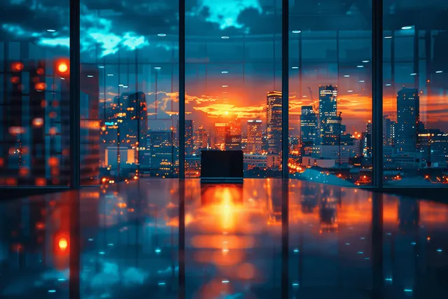 Glass office windows reveal a glowing city skyline at sunset with interior reflections.