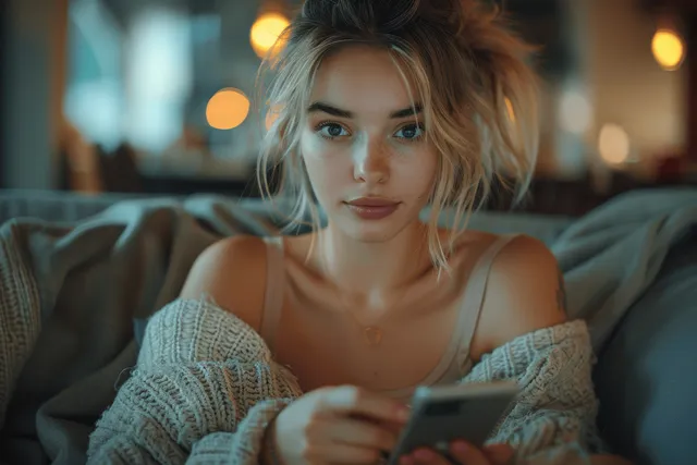 Smiling young woman scrolling on smartphone while relaxing on sofa at home