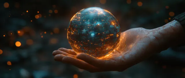 Two hands hold a glowing digital globe with holographic network points and data particles in a dark cyberpunk scene.