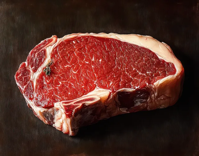 A thick raw marbled red steak rests on a dark textured surface, showing detailed meat grain and fat.