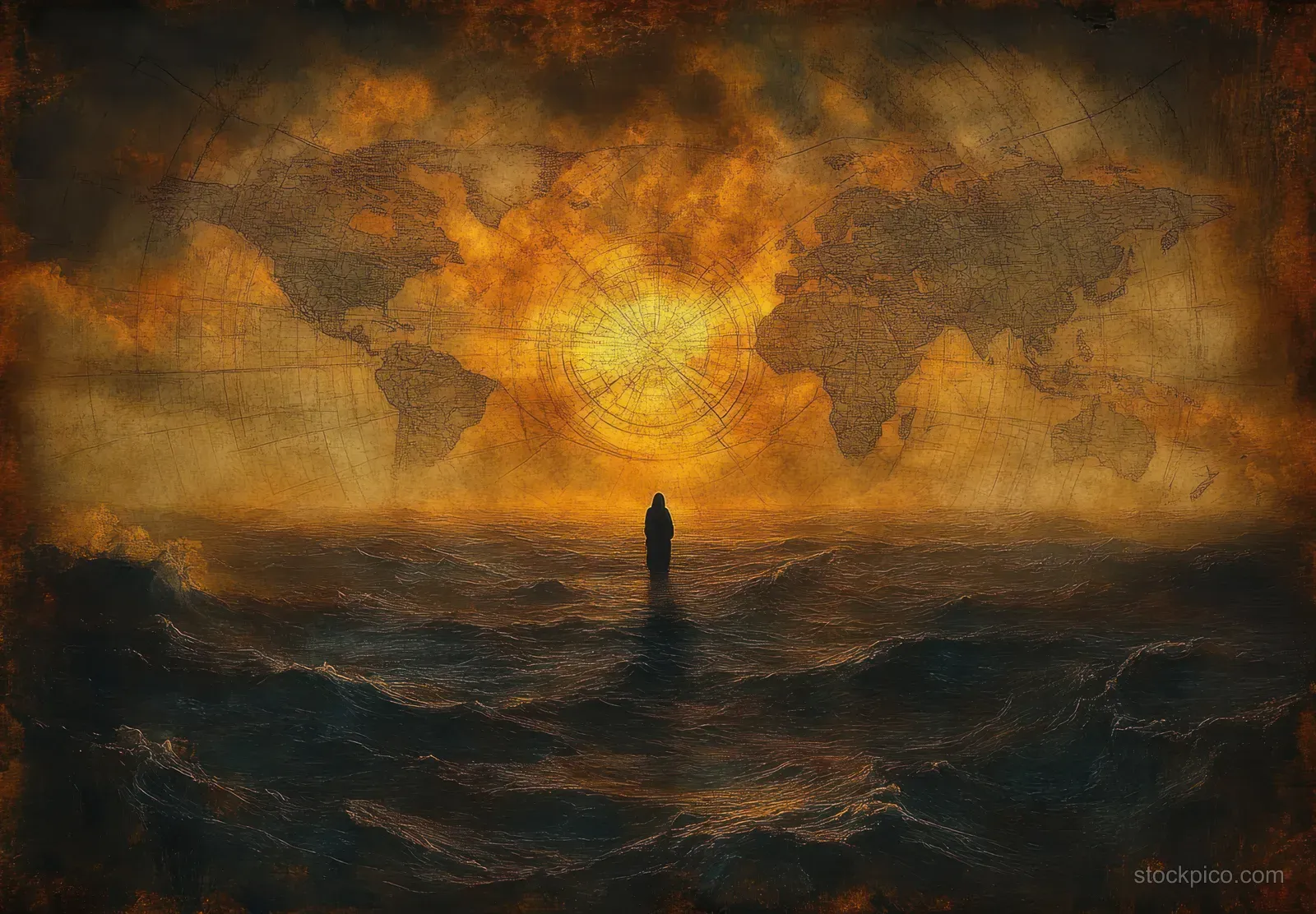 A lone silhouette stands on turbulent ocean under a fiery sky with a faded world map behind it.