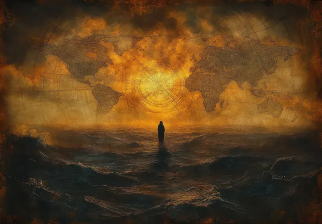 A lone silhouette stands on turbulent ocean under a fiery sky with a faded world map behind it.