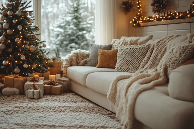 Cozy living room corner with a lit Christmas tree, warm lights, wrapped gifts, and a sofa with cushions and a knit throw.