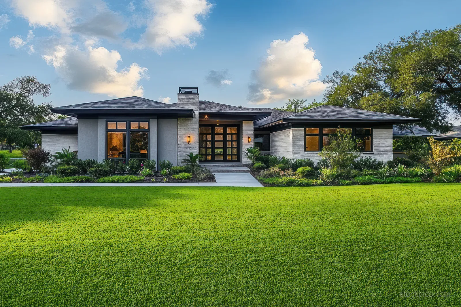 Gray single-story house with large windows and a central door, surrounded by shrubs and a wide green lawn under clouds.