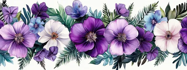 Seamless watercolor floral pattern with purple and white blossoms and green fern foliage with Nature Inspired Decor