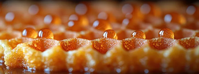 Golden waffle surface close-up with symmetrical diamond texture and warm caramel highlights in soft light.