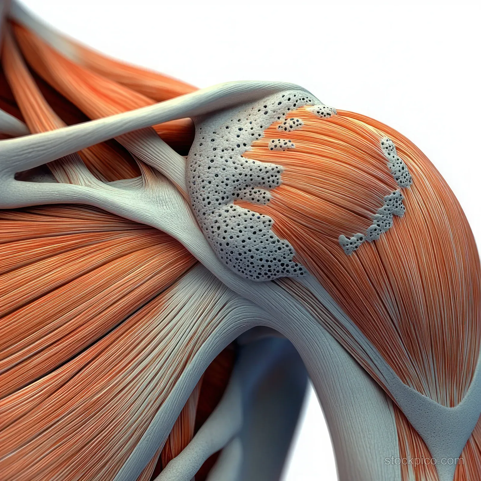 A 3D shoulder joint anatomical illustration shows humerus and scapula with visible tendon and muscle fiber detail.