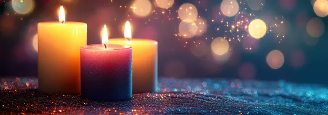 Purple and gold advent candles burn beside glittering lights with soft bokeh in a dark winter setting.