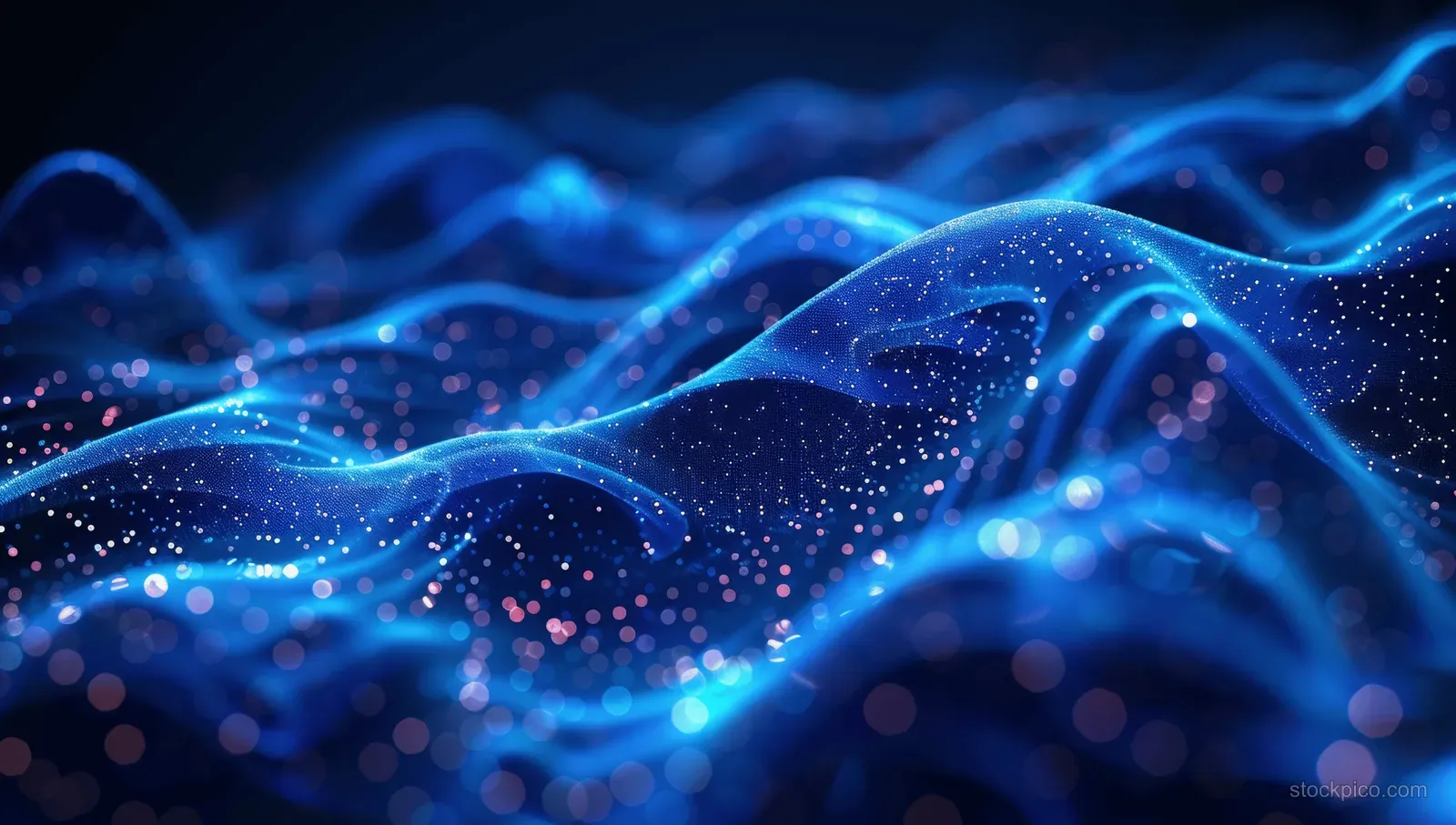Dark futuristic background with glowing blue neon wave lines, spark-like data points, and light trails.