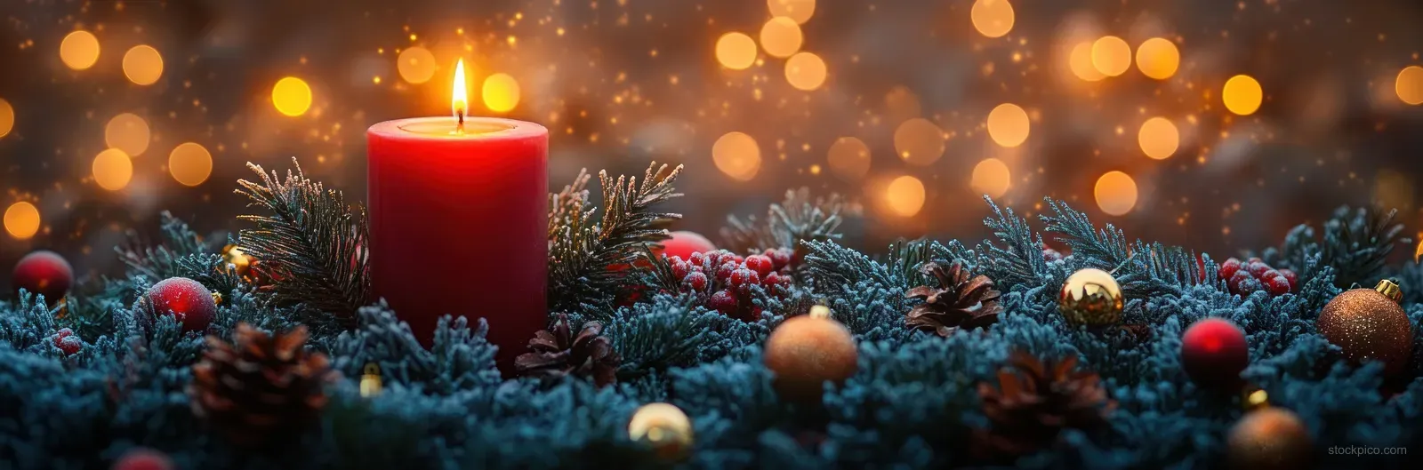 A red burning Advent candle sits on an evergreen wreath with pinecones amid warm glowing bokeh lights.