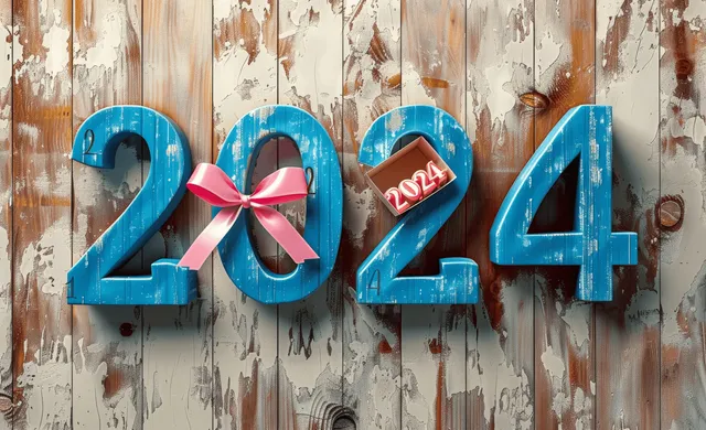 Números 2024 azules en 3D y una caja de regalo con cinta rosa sobre una pared rústica de madera.