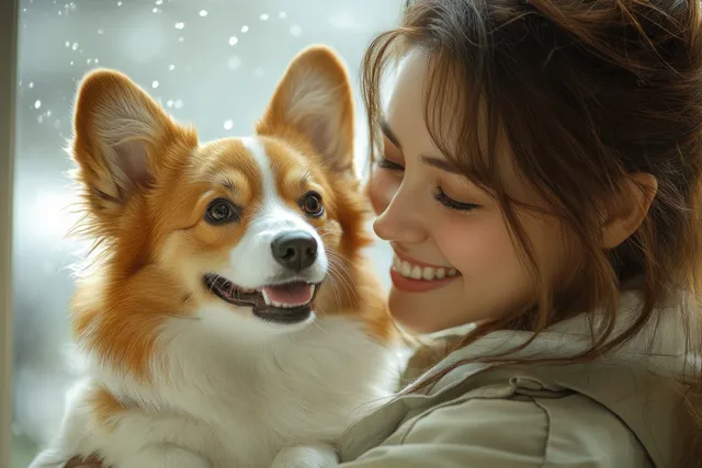 Owner holds a smiling corgi in a veterinary clinic while warm natural light fills the room.