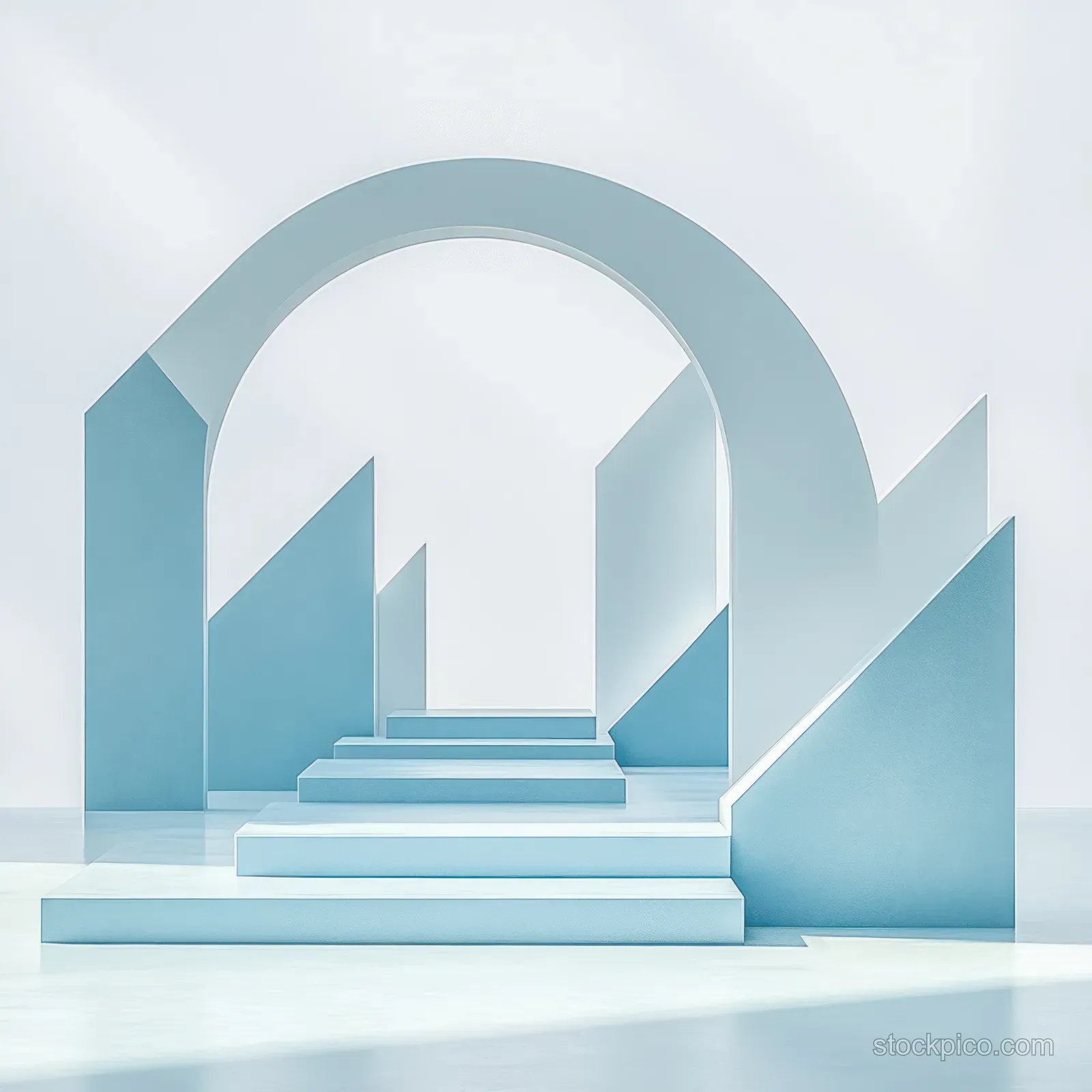 Light blue and white geometric podium stands on steps inside an arched minimalist backdrop with soft shadows.