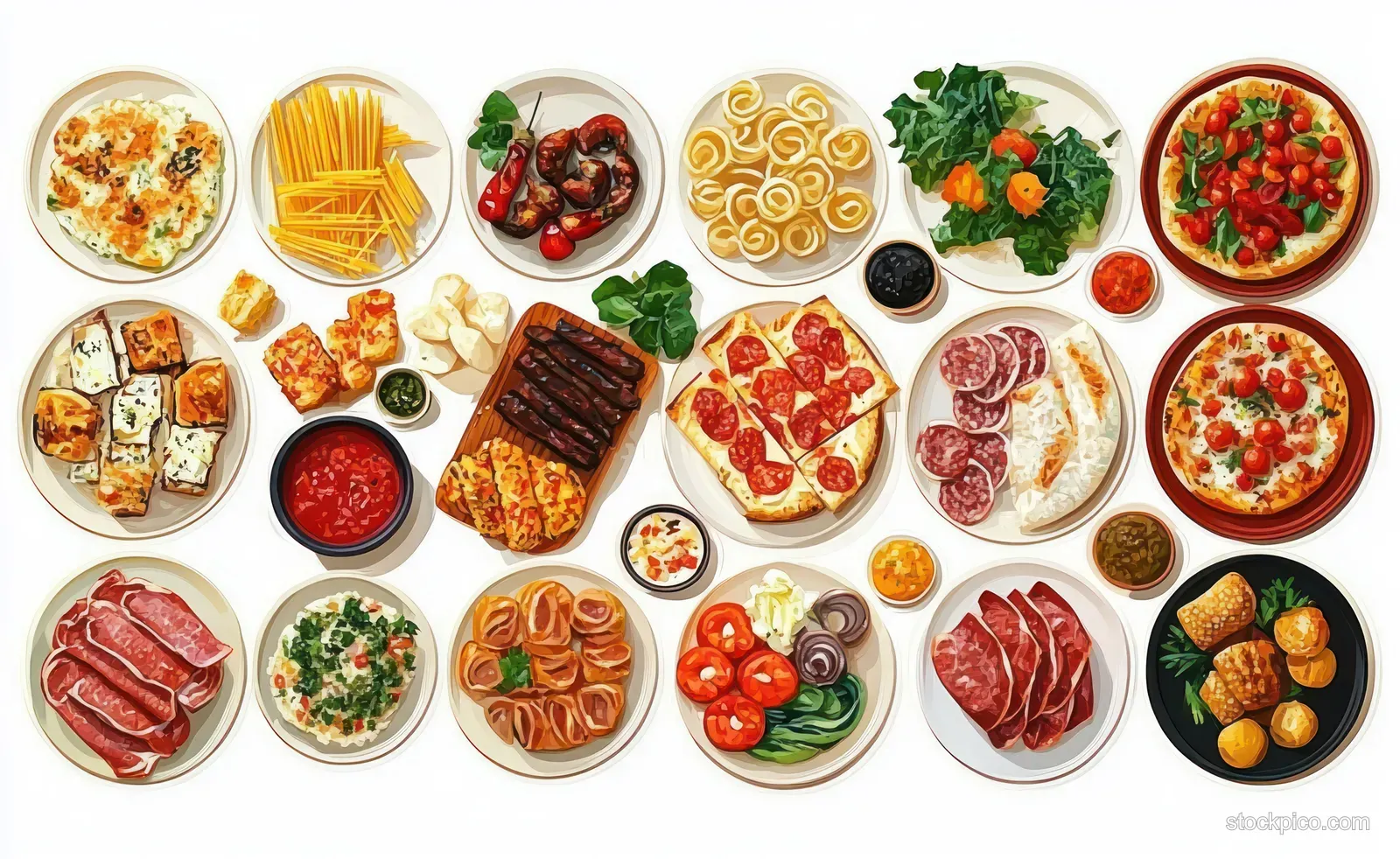 Overhead view of mixed Italian dishes including pizza, pasta, cured meats, cheeses, and salads on white plates.