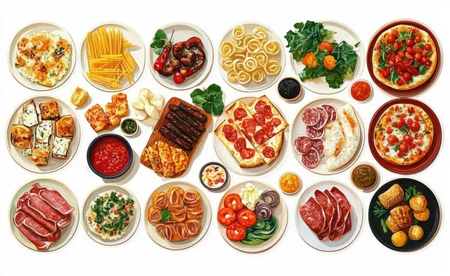 Overhead view of mixed Italian dishes including pizza, pasta, cured meats, cheeses, and salads on white plates.